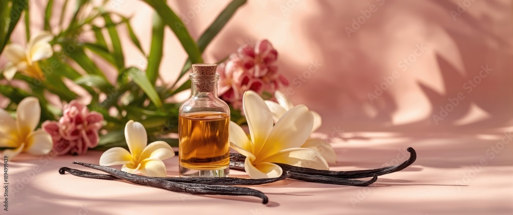 Fototapeta premium Pink backdrop featuring vanilla extract, vanilla pods, and flowers