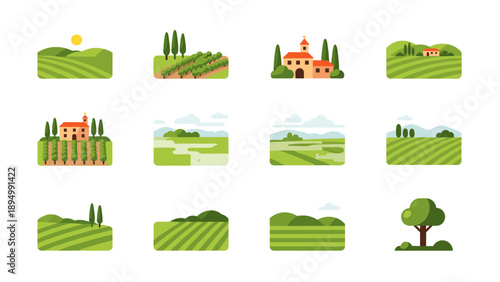 Collection of stylized Italian countryside landscapes with vineyards and villas