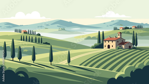 Idyllic Tuscan landscape with rolling hills, cypress trees, and a farmhouse