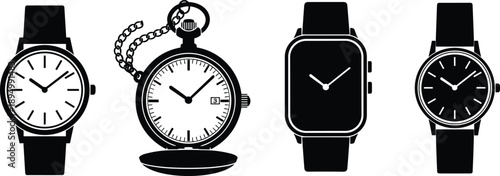 Watch silhouettes set, wristwatch pocket watch smartwatch designs, time concept, classic and modern clocks, black vector illustration