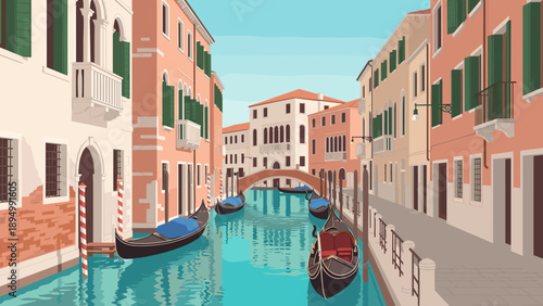 Venice canal scene with gondolas and historic buildings under a clear blue sky