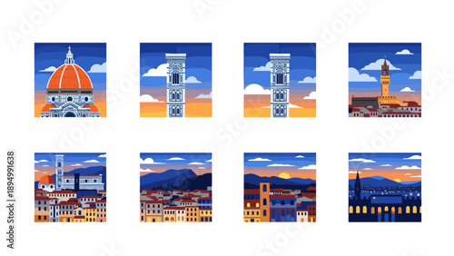 Collection of stylized illustrations of Florence landmarks and cityscapes at sunset