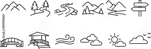 Collection of simple line art icons representing nature and outdoor elements