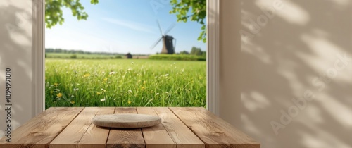 Wooden table with flat ston...