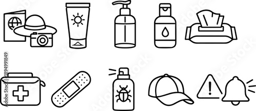 Travel essentials and safety icons for a healthy and protected journey