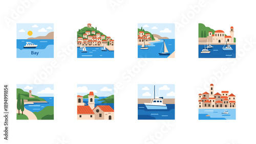 Collection of coastal town illustrations with boats and scenic views