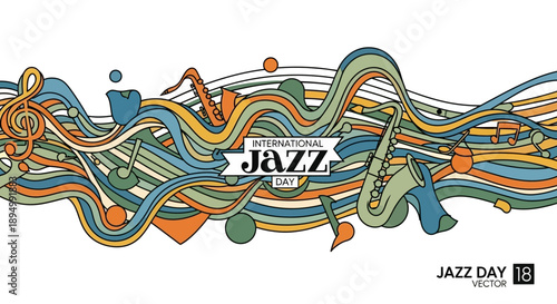 Colorful Jazz Instruments Musical Notes Illustration.