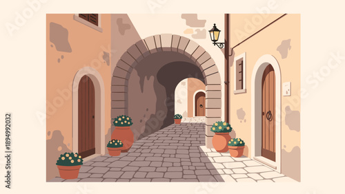 Charming Italian alleyway with stone pavement, potted plants, and arched passage