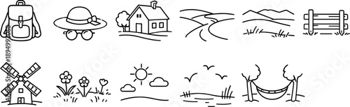 Collection of simple line art icons representing rural and outdoor scenes and objects
