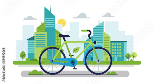 Green Bicycle Illustration with City Background.