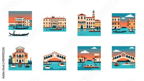 Collection of stylized Venetian canal scenes with gondolas and bridges