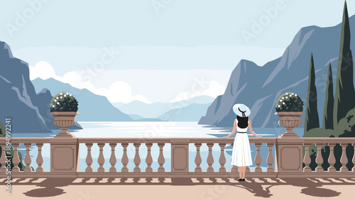 Woman in white dress and hat enjoys scenic lake view from balcony with mountains