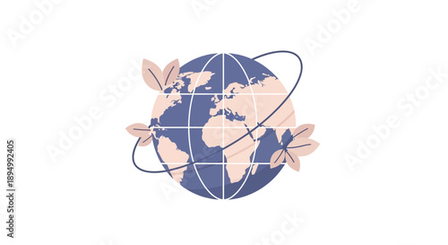Stylized Globe with Leaves and Orbit.