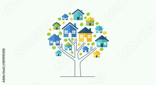 Tree with Houses Leaves Illustration Concept.