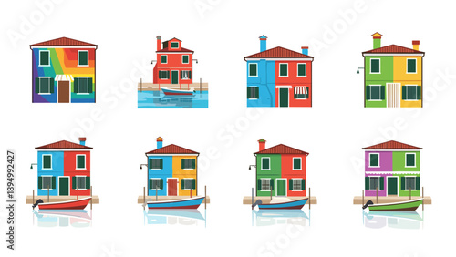 Collection of colorful houses and boats on a canal, representing Venetian architecture