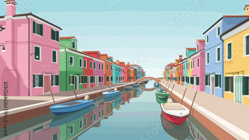 Colorful houses line a Venetian canal with boats reflecting in the water