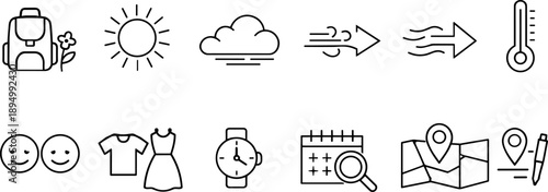 Collection of icons representing travel, weather, and planning elements for a journey
