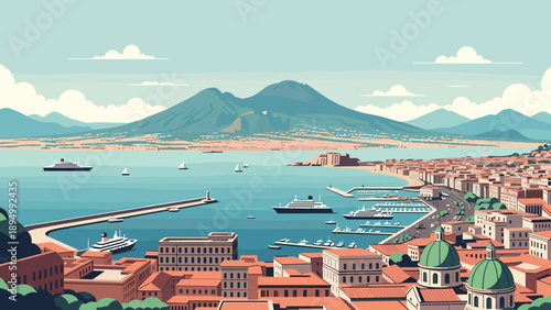 Scenic illustration of Naples bay with Mount Vesuvius and boats in the harbor