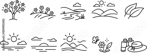 Collection of simple line art icons representing nature and outdoor activities