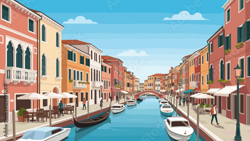 Charming Venetian canal lined with colorful buildings and boats under a clear blue sky