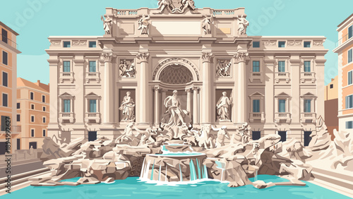 Stylized illustration of the Trevi Fountain in Rome, Italy, with its iconic sculptures and water features