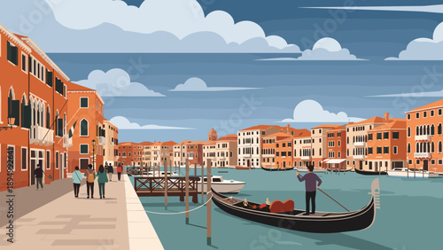 Venice canal scene with gondola and historic buildings under a cloudy sky
