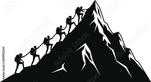 Teamwork and leadership concept, group of climbers helping each other reach mountain peak, success, motivation, cooperation, business growth