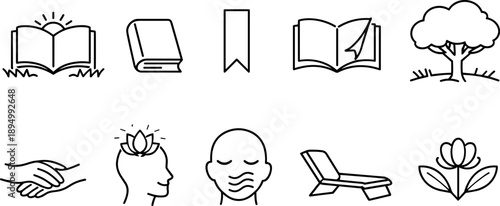 Collection of icons representing relaxation, learning, and nature for wellness and self-care themes