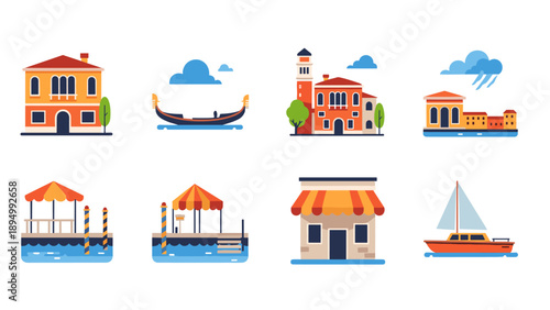 Collection of flat design icons representing Venetian landmarks and activities