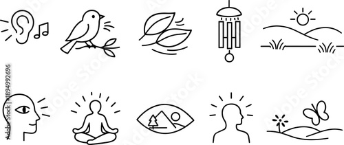 Collection of simple line icons representing senses and nature elements