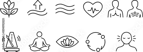 Collection of wellness and health icons representing balance, mindfulness, and vitality