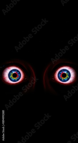 Extreme close-up of wide, dilated eyes in darkness, showing intense shock and panic. The creature appears cornered and deeply distressed, extreme, insecurity, wide-eyed