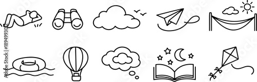 Collection of simple line icons representing travel, leisure, and imagination