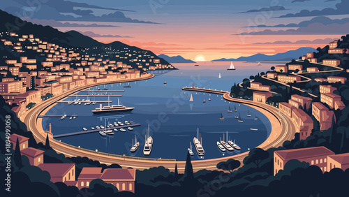 Idyllic coastal town with boats in harbor at sunset, picturesque European scenery