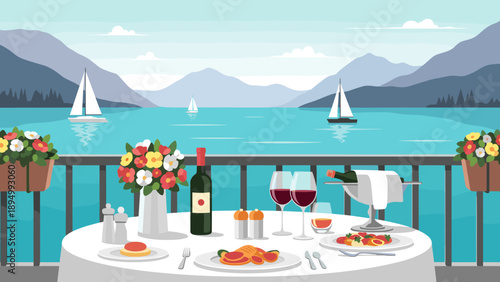 Romantic lakeside dining experience with wine, pasta, and sailboats on the water