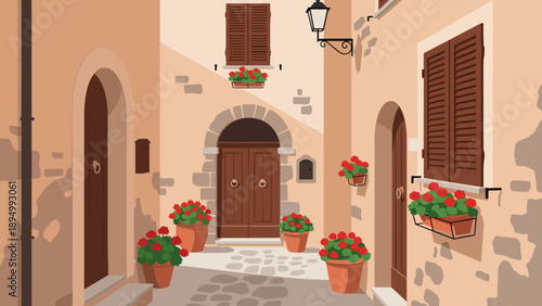 Charming Italian alleyway with potted red flowers and traditional wooden doors