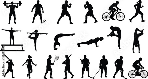Sport and fitness silhouettes set with athletes performing boxing, cycling, running, yoga, weightlifting and team sports, black vector illustration design