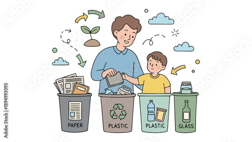 Family Sorting Waste for Recycling Illustration, Suitable for Environmental Education, Sustainability Campaign, and Kids Content
