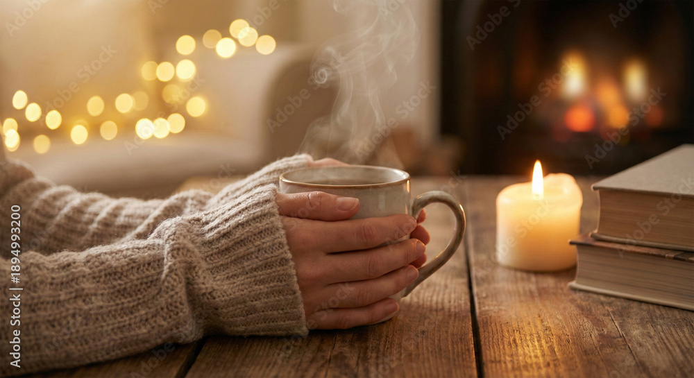 Fototapeta premium Hands in a warm sweater holding a steaming cup of tea near a fireplace, winter comfort or cozy home cafe