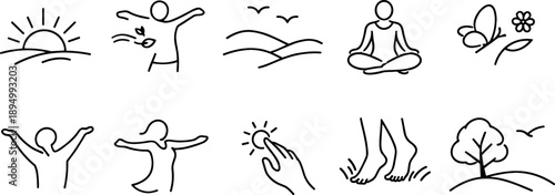 Collection of simple line art icons representing nature, wellness, and human connection