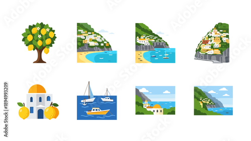 Italian coastal towns and lemon tree illustrations with boats and architecture