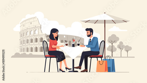 Couple enjoys coffee at a cafe with the Colosseum in the background