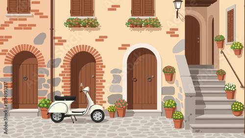 Charming Italian street scene with a scooter and potted flowers on cobblestones