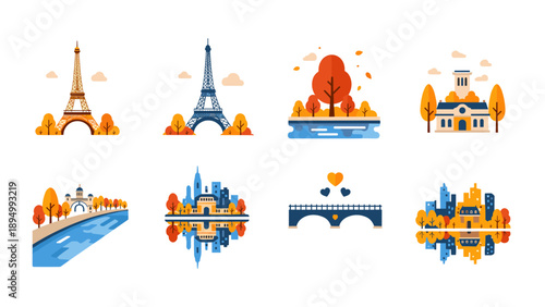 Collection of Parisian landmarks and cityscapes in a charming autumn flat illustration style