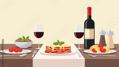 Romantic Italian dinner with lasagna, wine, and fresh tomatoes served elegantly