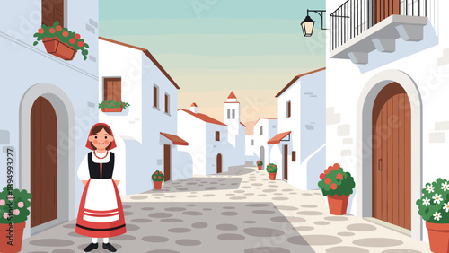 Charming Mediterranean village street scene with a woman in traditional attire