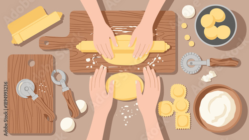 Hands rolling out fresh pasta dough with a rolling pin on a wooden board for homemade ravioli