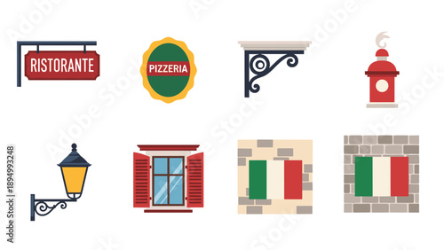 Collection of Italian-themed architectural and signage elements for design