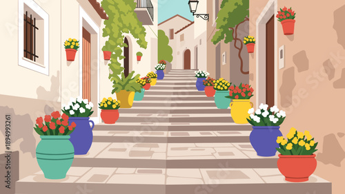 Charming European alleyway adorned with vibrant potted flowers ascending stone steps