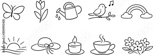 Collection of simple line art icons representing nature, seasons, and cozy moments